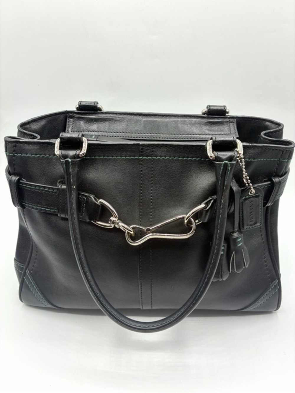 Coach Hampton Satchel Black Belted Leather Bag Blue Stitching Vintage 8A70